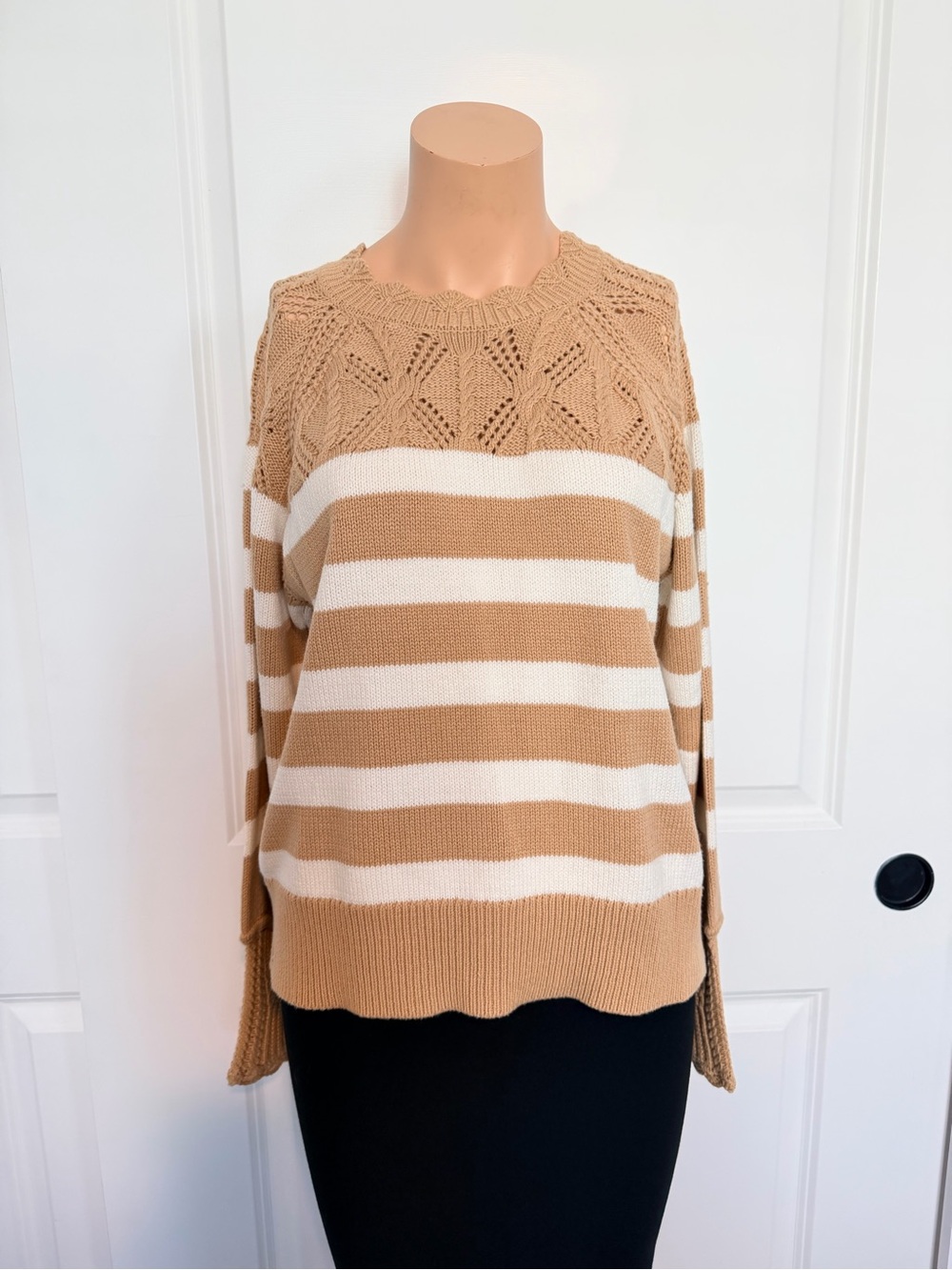 Sam Edelman Camel & White Striped Openwork Yoke Crewneck Sweater